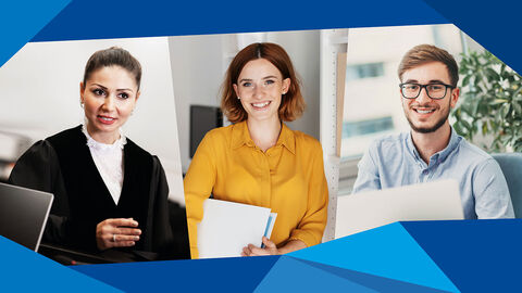 Bildcollage: Zwei junge Frauen und ein junger Mann in ihren Büros.