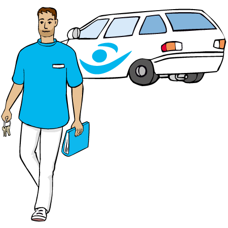 Angestellter vom Pflegedienst kommt. Der Pfleger unterstützt jemanden zuhause