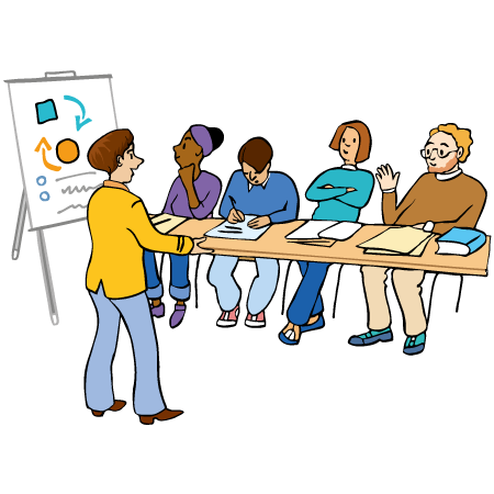 eine Gruppe von Lernenden mit ihrer Lehrerin